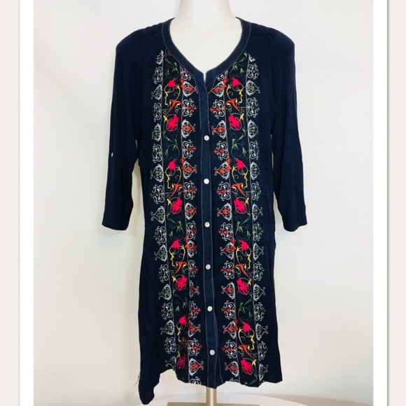 Anthropologie Tops - Anthropologie tiny size L Blue embroidered tunic